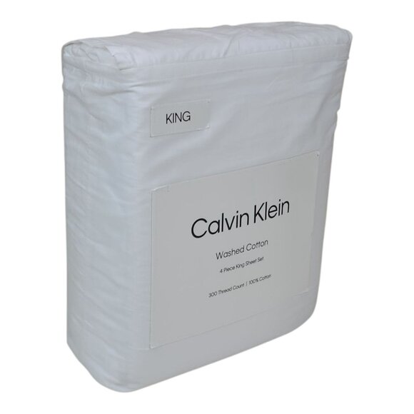 Calvin Klein Washed Cotton 4 Piece King Sheet Set 300 Thread Count White - Picture 2 of 8